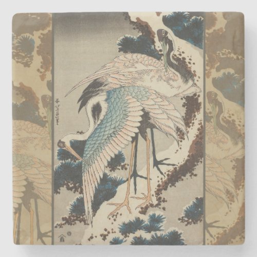 Cranes on a Snow Covered Pine Hokusai Stone Coaster