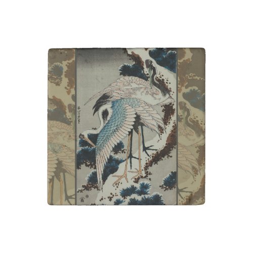 Cranes on a Snow Covered Pine Hokusai Stone Magnet