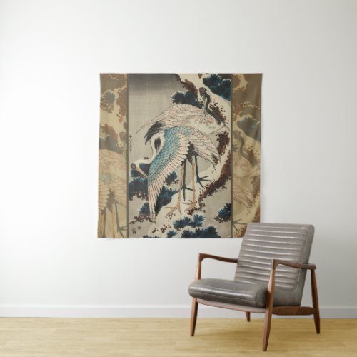 Cranes on a Snow Covered Pine Hokusai Tapestry