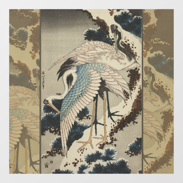 Cranes on a Snow Covered Pine Hokusai Window Cling (Sheet)