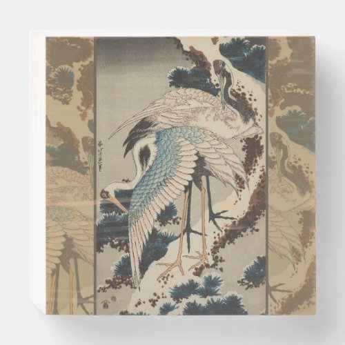 Cranes on a Snow Covered Pine Hokusai Wooden Box Sign