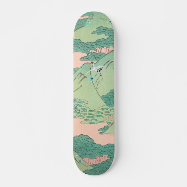 Cranes over Mountains Vintage Japanese Pattern Skateboard (Front)