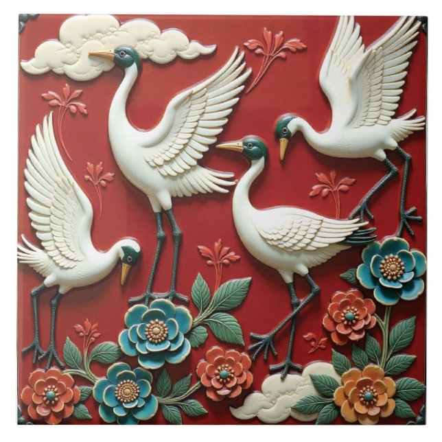 Cranes Resting on Floral Branches Ceramic Tile (Front)