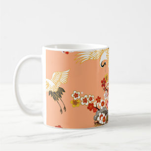 Cranes, sakura, colorful, floral, cantaloupe. coffee mug