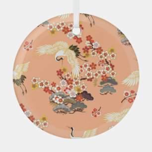 Cranes, sakura, colorful, floral, cantaloupe. glass ornament