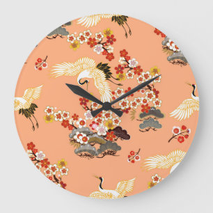Cranes, sakura, colorful, floral, cantaloupe. large clock
