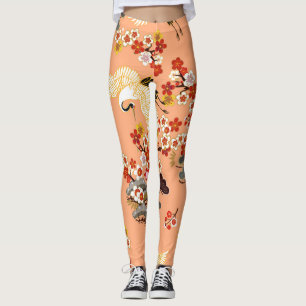 Cranes, sakura, colorful, floral, cantaloupe. leggings