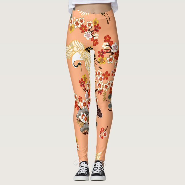 Cranes, sakura, colorful, floral, cantaloupe. leggings (Front)