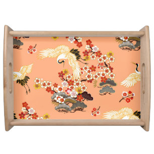 Cranes, sakura, colorful, floral, cantaloupe. serving tray
