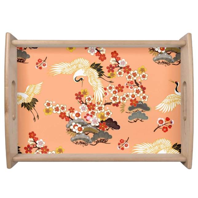 Cranes, sakura, colorful, floral, cantaloupe. serving tray (Front)