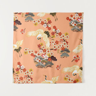 Cranes, sakura, colorful, floral, cantaloupe. tapestry