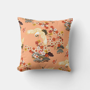 Cranes, sakura, colorful, floral, cantaloupe. throw pillow