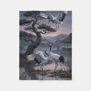 Cranes Under Pine Trees Oriental Aesthetic Fleece Blanket