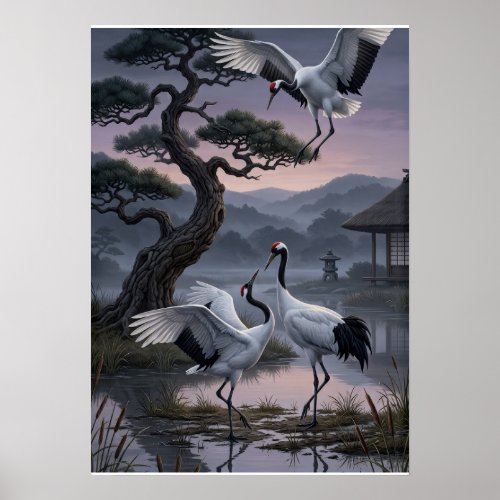 Cranes Under Pine Trees Oriental Aesthetic Fleece Poster