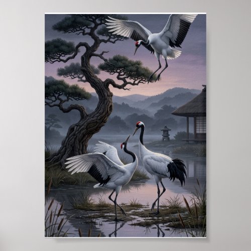 Cranes Under Pine Trees Oriental Aesthetic Fleece Poster