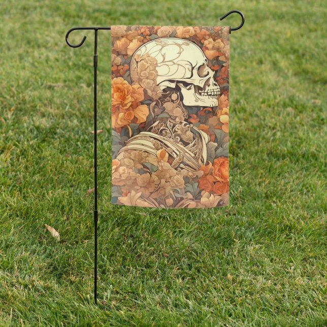 Cranium And Orange Roses Art Nouveau Design. Garden Flag (In SItu)