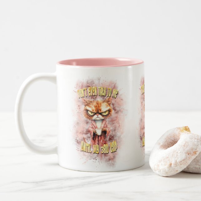Cranky Cat With Coffee Two-Tone Coffee Mug (With Donut)