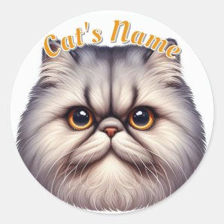 Cranky Gray Longhaired Persian Cat • Personalized Classic Round Sticker