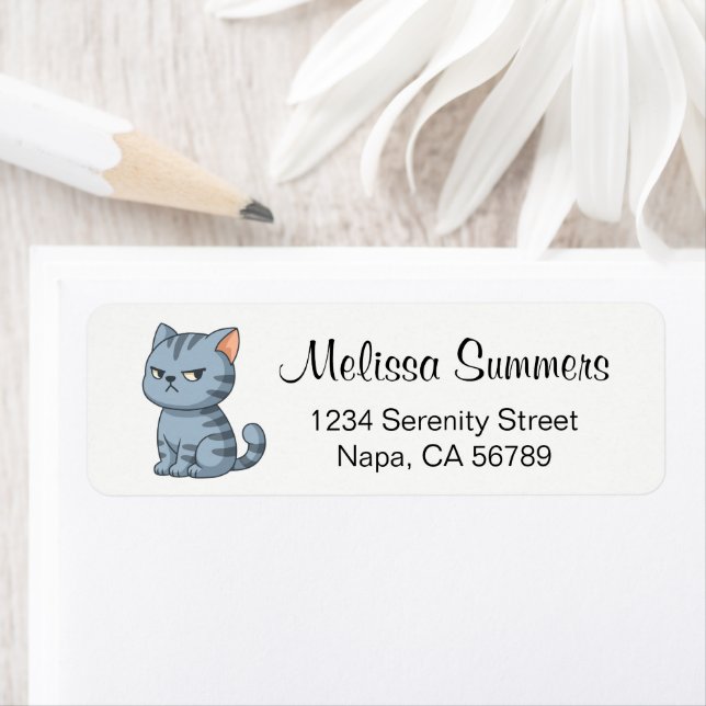Cranky Grey Tabby Cat Label (Insitu)