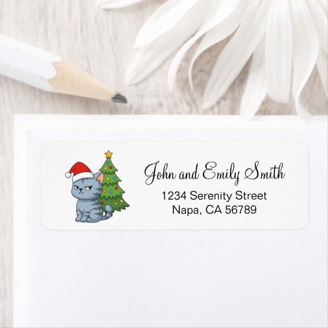 Cranky Grey Tabby Cat Red Hat Christmas Tree Label (Insitu)