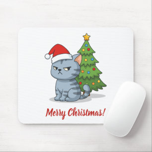 Cranky Grey Tabby Cat Red Hat Christmas Tree Mouse Pad