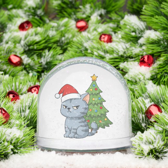 Cranky Grey Tabby Cat Red Hat Christmas Tree Snow Globe (Christmas)