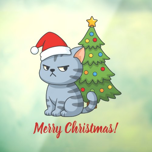 Cranky Grey Tabby Cat Red Hat Christmas Tree Window Cling