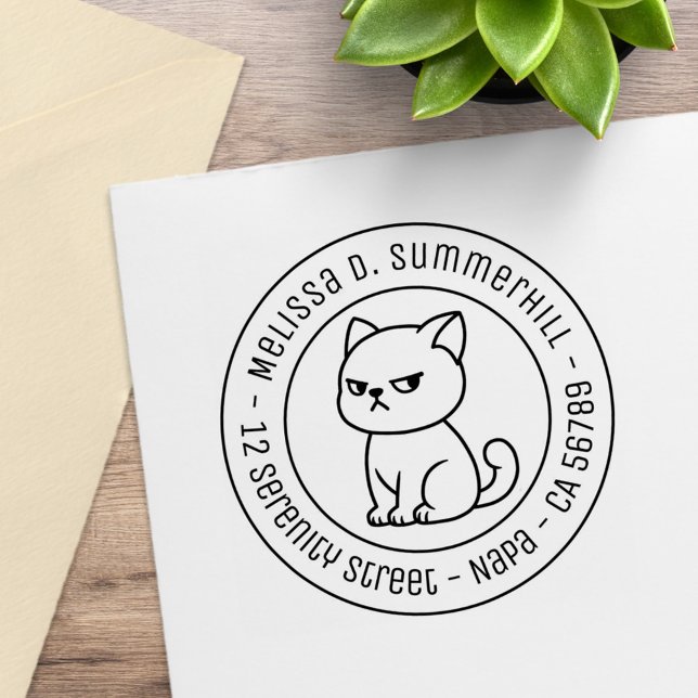 Cranky Moody Cat Round Address Rubber Stamp (Creator Uploaded)