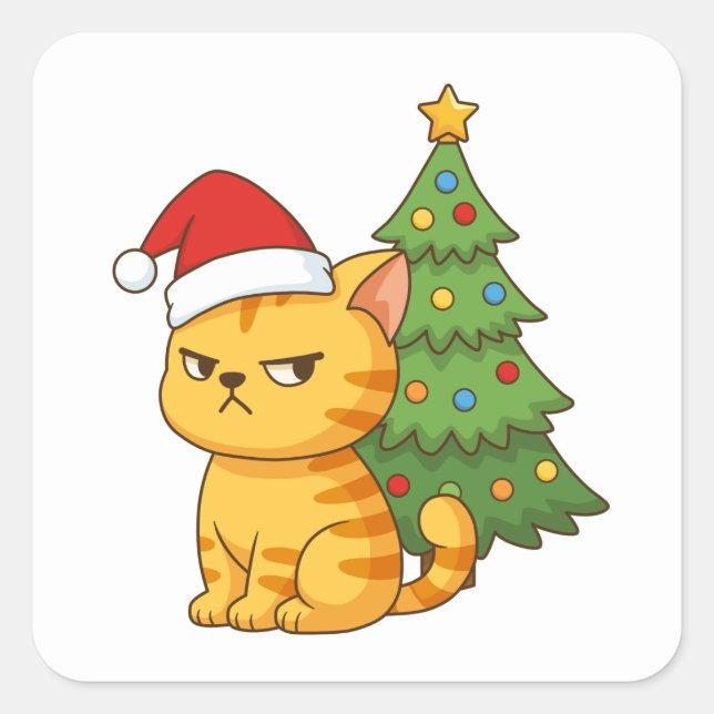 Cranky Orange Tabby Cat Red Hat Christmas Tree Square Sticker (Front)