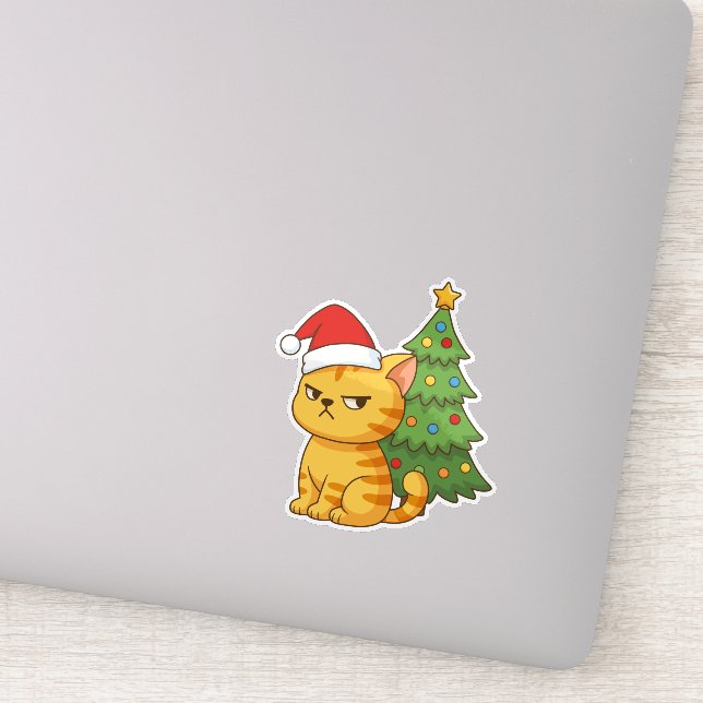 Cranky Orange Tabby Cat Red Hat Christmas Tree Sticker (Detail)
