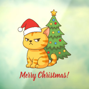Cranky Orange Tabby Cat Red Hat Christmas Tree Window Cling