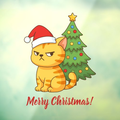 Cranky Orange Tabby Cat Red Hat Christmas Tree Window Cling