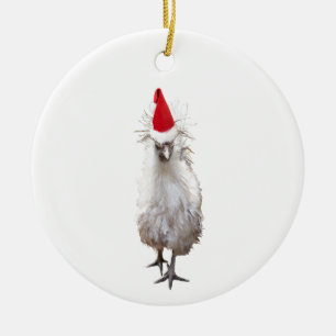 Cranky Silkie Bantam Chicken Santa Hat Christmas Ceramic Ornament