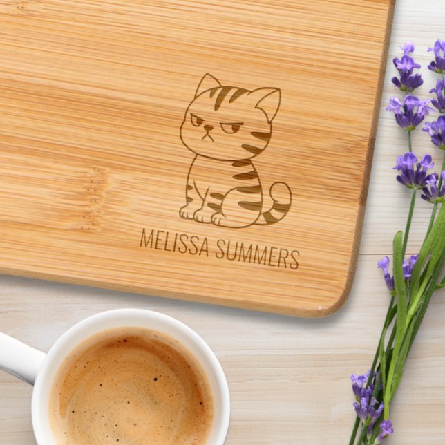 Cranky Tabby Cat Custom Name Engraved Cutting Board (Creator Uploaded)