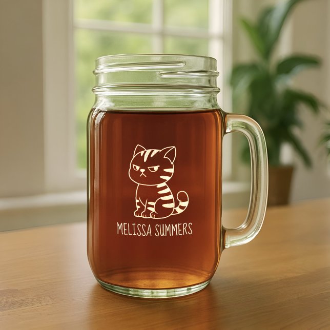 Cranky Tabby Cat Custom Name Mason Jar W/ Handle (Creator Uploaded)