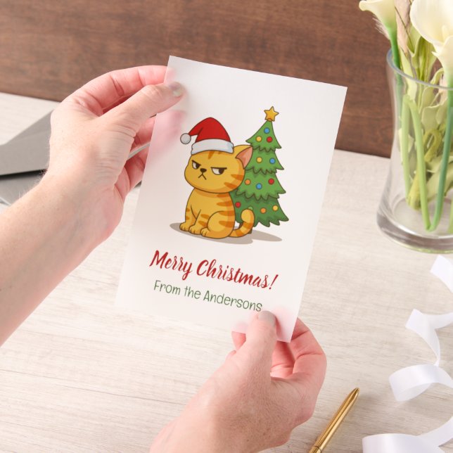 Cranky Tabby Cat Red Hat Christmas Tree Insert Vellum Invitations (Handheld)