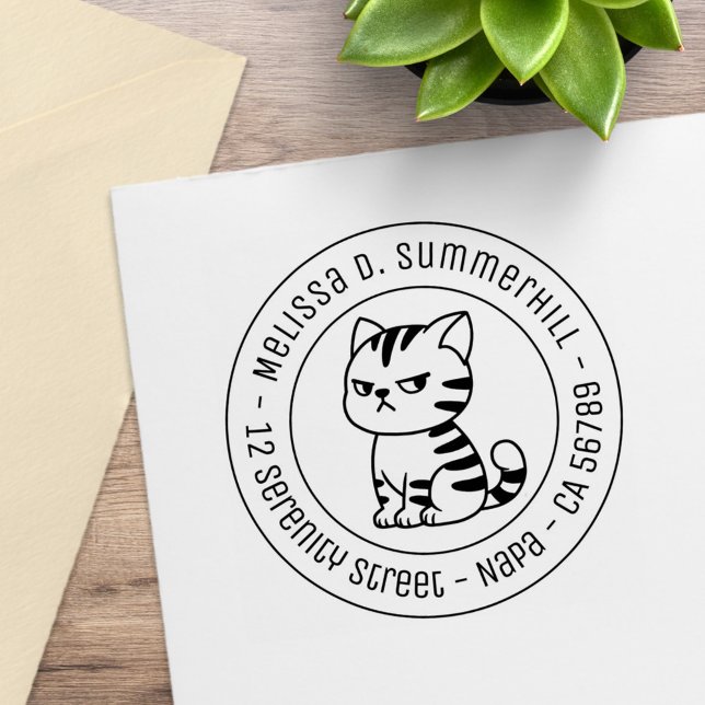 Cranky Tabby Cat Round Address Rubber Stamp (Creator Uploaded)