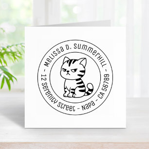Cranky Tabby Cat Round Address Rubber Stamp