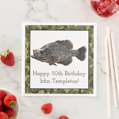 Crappie Fishing Sports Birthday Green Camo Custom Paper Dinner Napkins