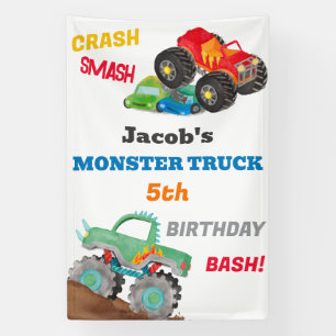 Crash Smash Monster Truck Birthday Bash Watercolor Banner