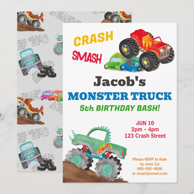 Crash Smash Monster Truck Birthday Bash Watercolor Invitation (Front/Back)