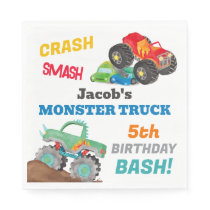Crash Smash Monster Truck Birthday Bash Watercolor Napkins