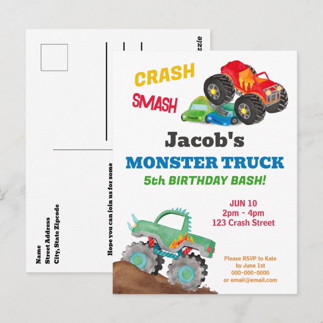 Crash Smash Monster Truck Birthday Bash Watercolor Postcard (Front/Back)