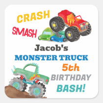 Crash Smash Monster Truck Birthday Bash Watercolor Square Sticker