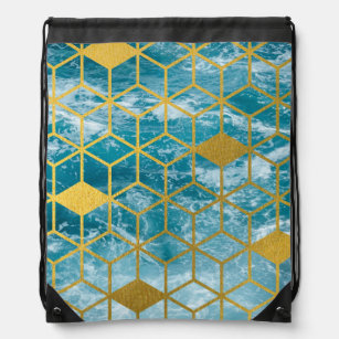 Crashing Blue Ocean Waves Gold Geometric Cubes Drawstring Bag