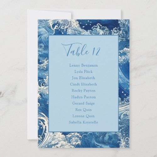 Crashing blue ocean waves names and seating chart invitation