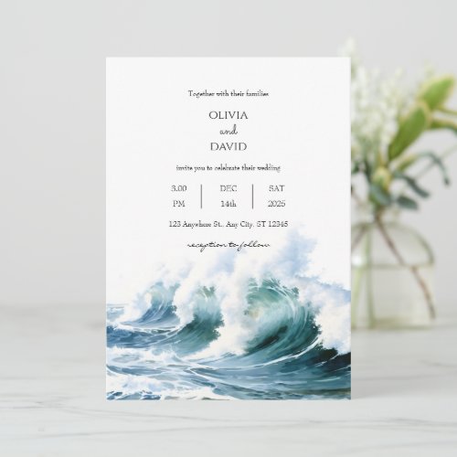Crashing Ocean Sea Waves Backdrop Beach Wedding  Invitation
