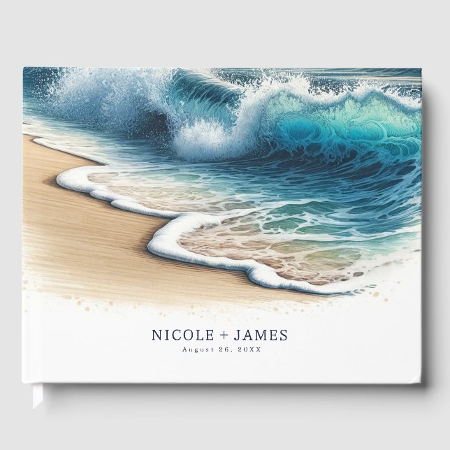 Crashing Ocean Waves Coastal Beach Wedding Guest Book (Front)