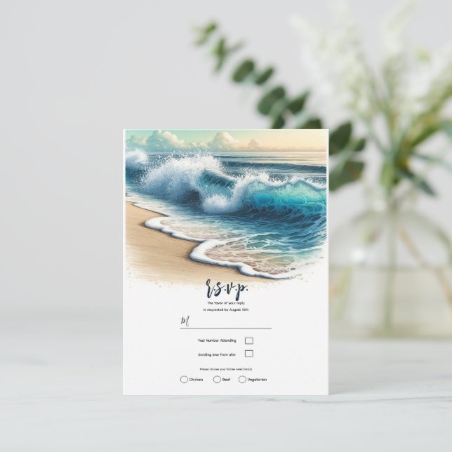 Crashing Ocean Waves Coastal Beach Wedding RSVP Invitation (Standing Front)