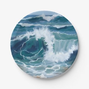 Crashing Ocean Waves   Coastal Blue Watercolor Paper Plates